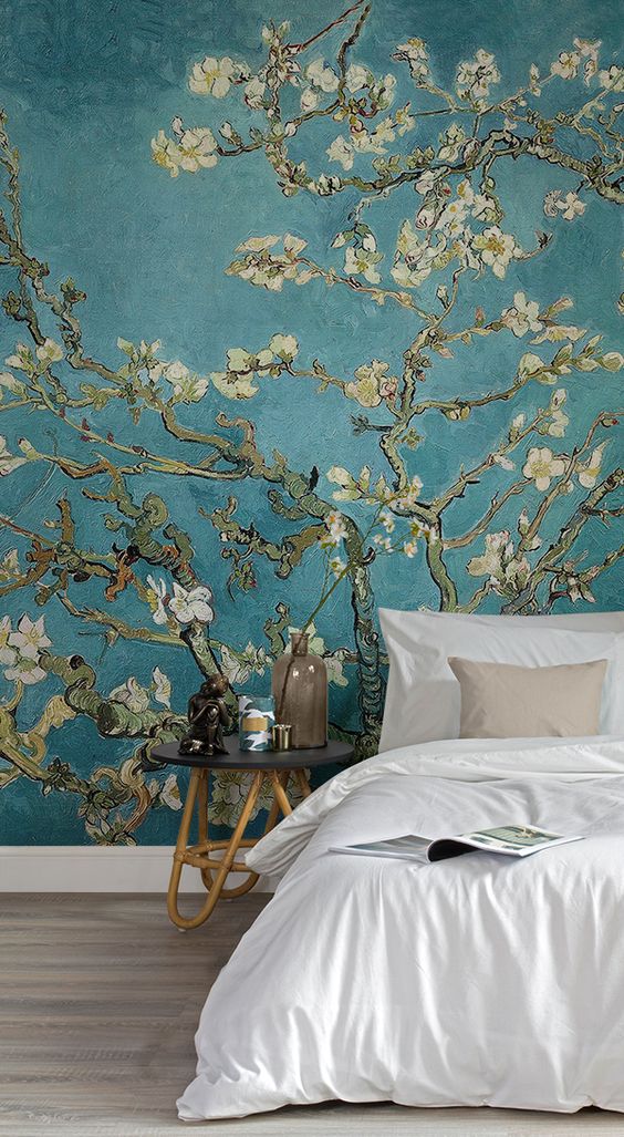 chic teal cherry blossom wallpaper is a nice idea for a statement wall, it's a spring-like feel to the space