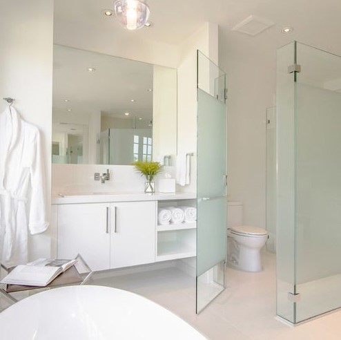 a blue frosted glass toilet partition for more privacy and even a colored touch to the neutral space