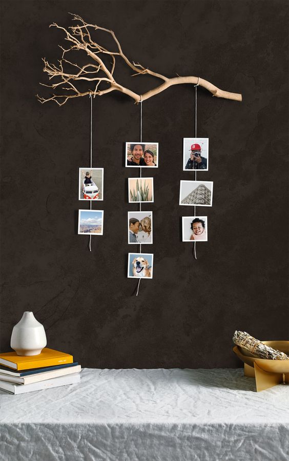 a branch attached to the wall with Instagram photos hanging on it is a chic nature inspired idea for home