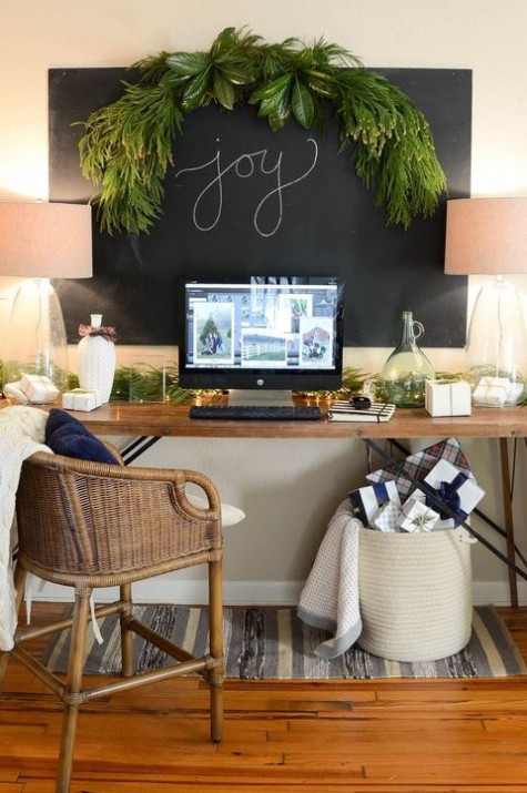 a cozy farmhouse home office with a large chalkboard that can be used for notes, for writing and even attaching greenery