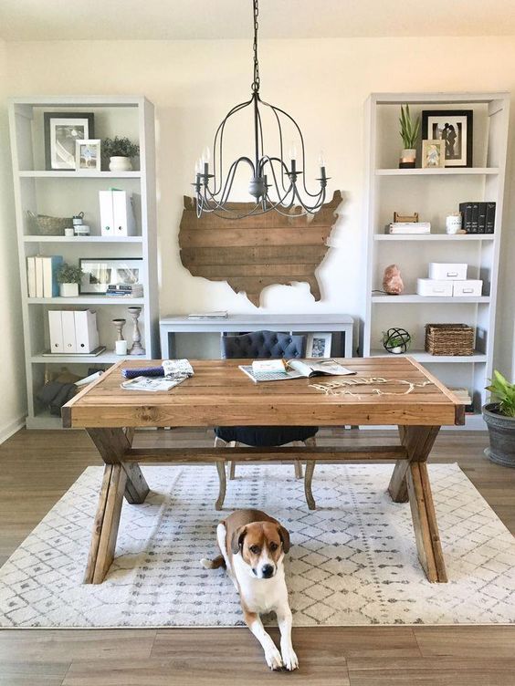 https://www.digsdigs.com/photos/2015/02/a-cozy-farmhouse-home-office-with-storage-units-a-wooden-desk-a-state-wal-art-a-printed-rug-and-a-vintage-chandelier.jpg