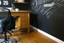a farmhouse home office with all chalkboard walls to create art, marks and other stuff on the walls