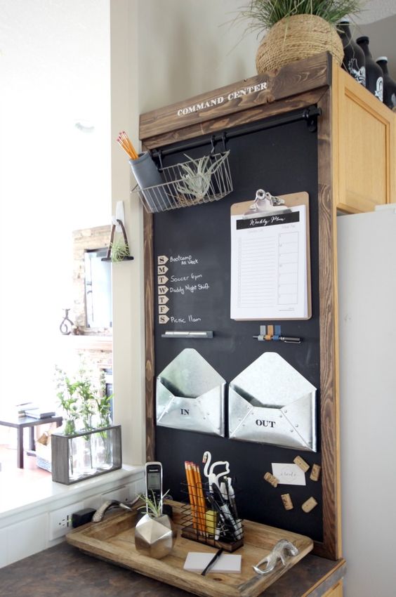 a magnetic chalkboard with a shelf, attached envelopes of plastic, pens and pencils for a home office