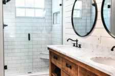 a modern farmhouse bathroom with a staiend vanity, hex tiles on the floor and dark wooden beams