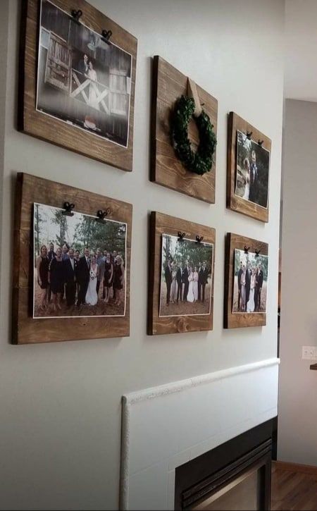a rustic gallery wlal with photos attached to wooden planks is a stylish and cozy idea of decor