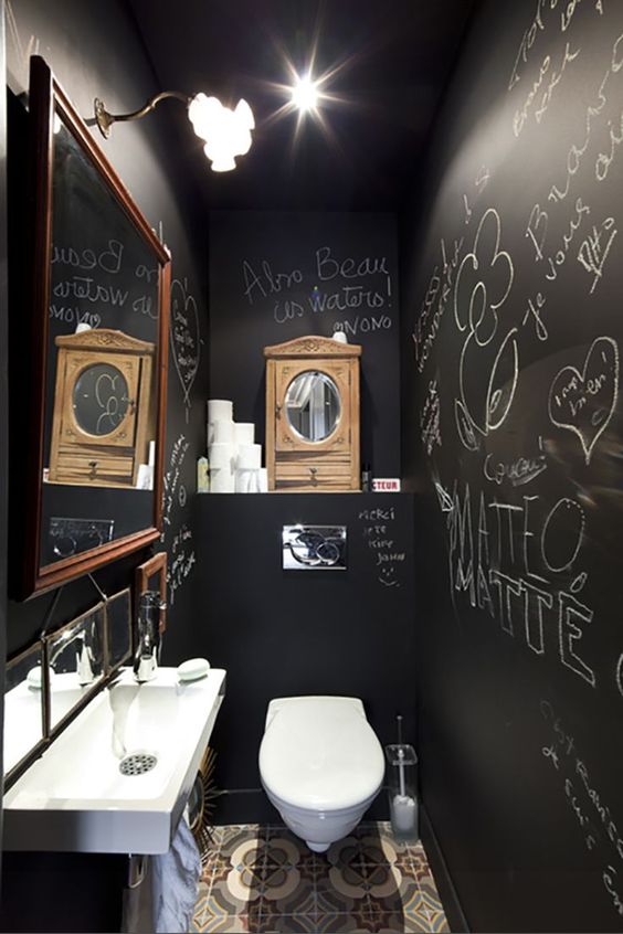 Black Chalkboard Paint on Powder Room Wall - Transitional - Bathroom