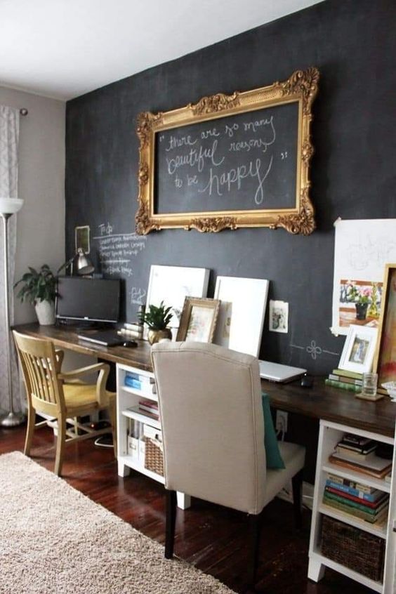 a vintage home office with a chalkboard wall that can be used for chalking, making notes and features art in a frame