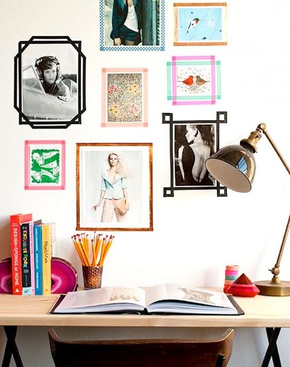 a washi tape gallery wall with pics attached right to it and surrounded with colorful washi tape
