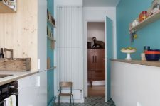 a chic kitchen with sleek white cabients and turquoise walls, a bright geometric tile floor, open shelves is a cool space
