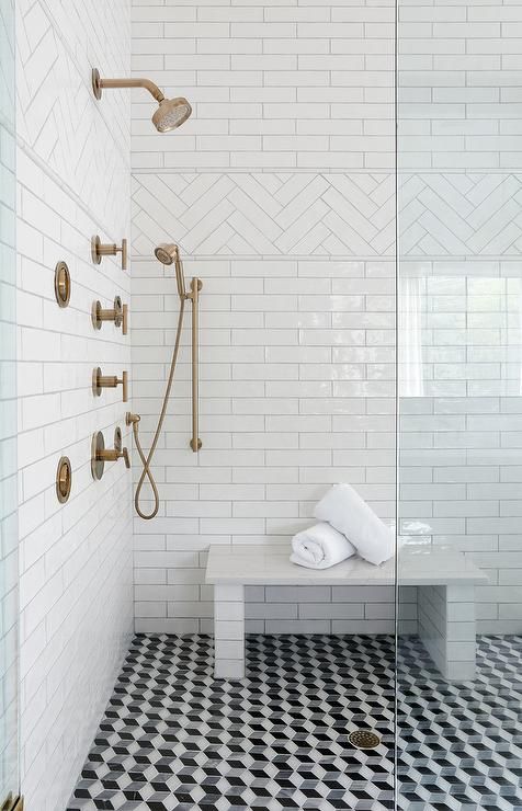 a cute neutral bathroom design with lots of geometric touches