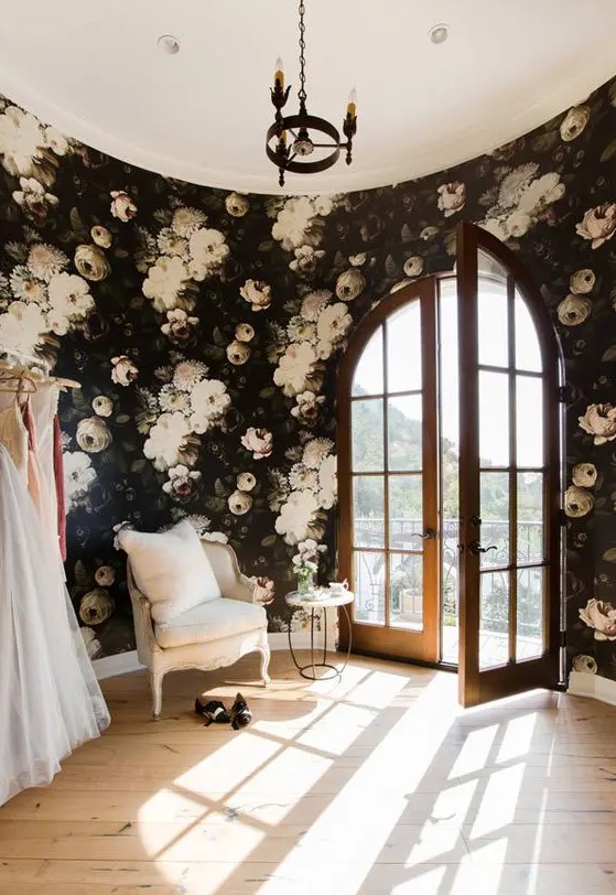 feel like a blooming garden with dark moody realistic wallpaper in your bedroom