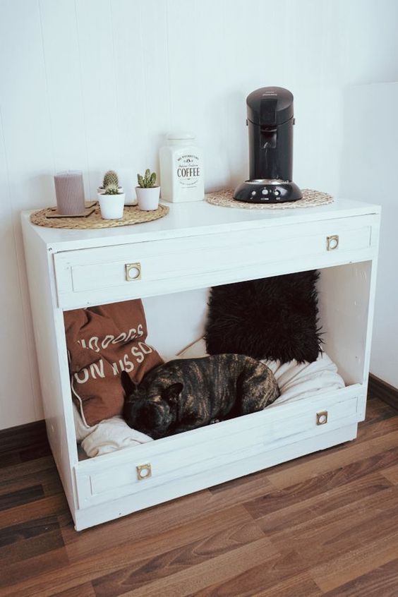 a dresser with removed drawers turned into a dog bed with cushions and pillows can double as a usual furniture piece