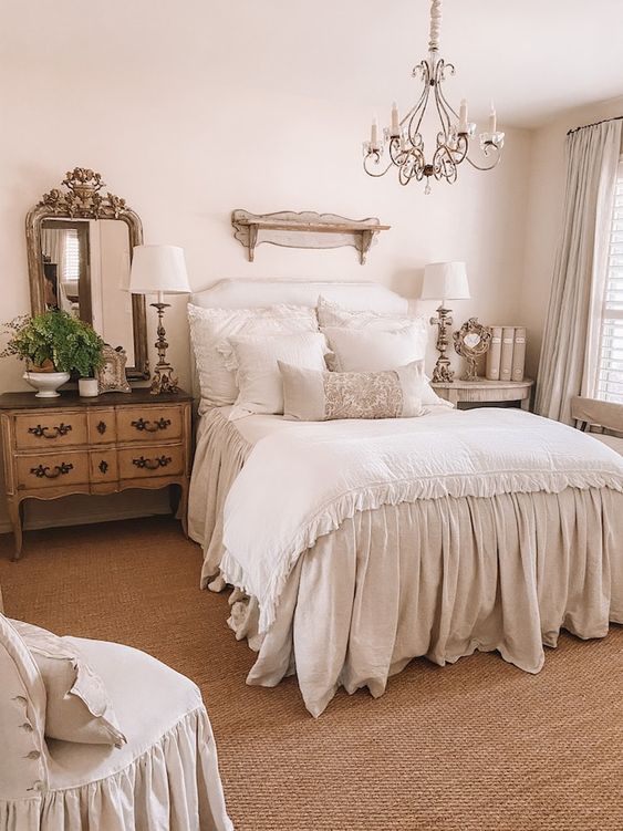 a neutral Provence bedroom with a bed with refined vintage bedding, a stained dresser, a neutral table, a chic chandelier and a mirror in a cool frame