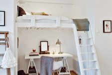 a small Scandi space with a trestle desk and a white chair, a loft bed with neutral bedding, a lamp and a shelf