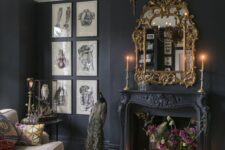 a chic living room with black walls