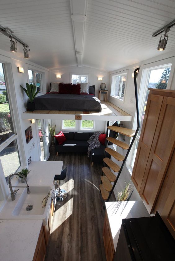 a tiny modern home with a ladder to the loft bedroom that includes a low bed, some nightstands and potted plants