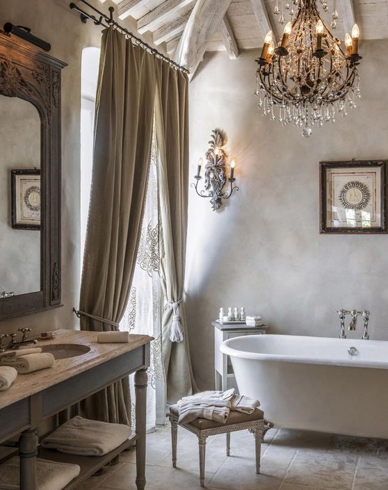 off-white and grey tones for a peaceful bathroom, and a wooden ceiling and draperies add a textural look