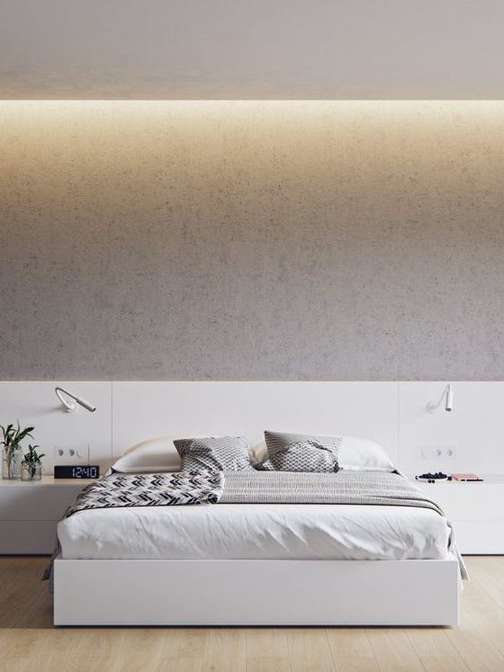 a chic minimalist bedroom with a white bed and nightstands plus panels on the wall, built-in lights and comfy sconces