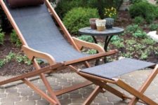 a folding lounger of wood and with durable fabrics plus a matching footrest or ottoman are a nice setup for a modern space