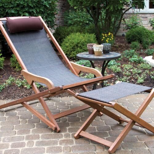 a folding lounger of wood and with durable fabrics plus a matching footrest or ottoman are a nice setup for a modern space