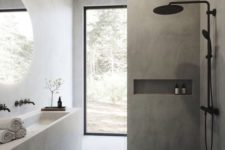 a minimalist bathroom done with white and grey concrete, with black fixtures and a glazed wall for the views