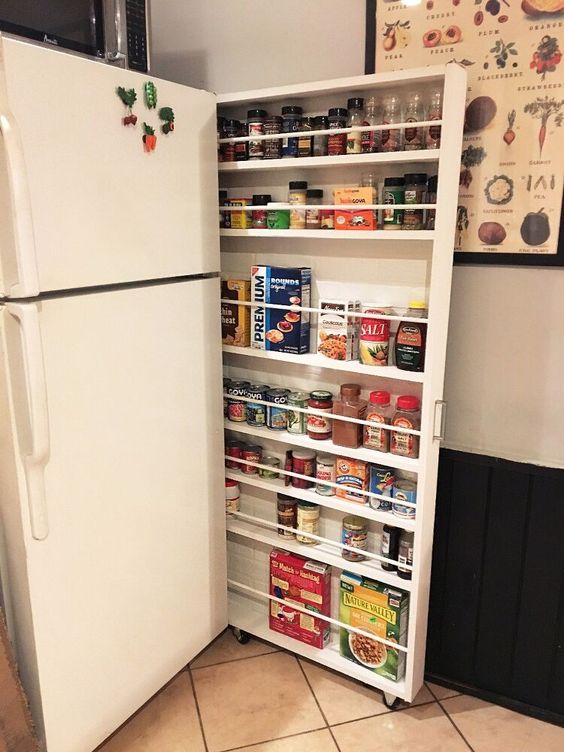 a very narrow vertical drawer built in next to a fridge is a cool idea to store spices and other food that doesn't require cool temparatures