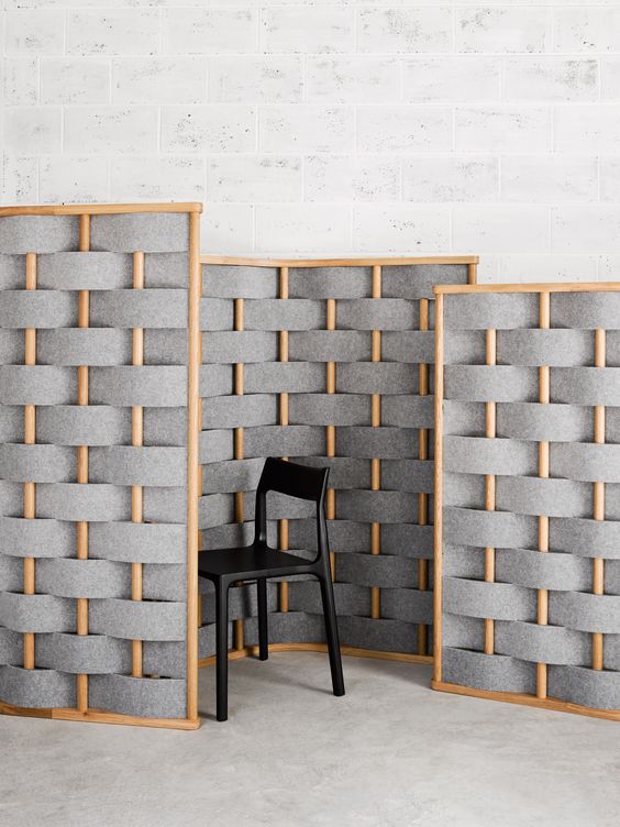 contemporary grey and orange interwoven soundproofing panels - just attach several screens on the wall