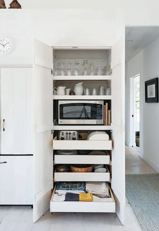 slide put pantry kitchen drawers holding appliances, tableware, glasses and other stuff is a great idea for a modern kitchen