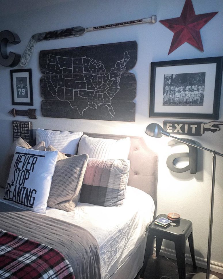 Map on a wood piece, sport photos, signed hockey stick and other cool things would make any accent wall look great.