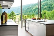 a contemporary grey and stainless steel galley kitchen with dark stone countertops and a glazed wall that opens on the woodlands