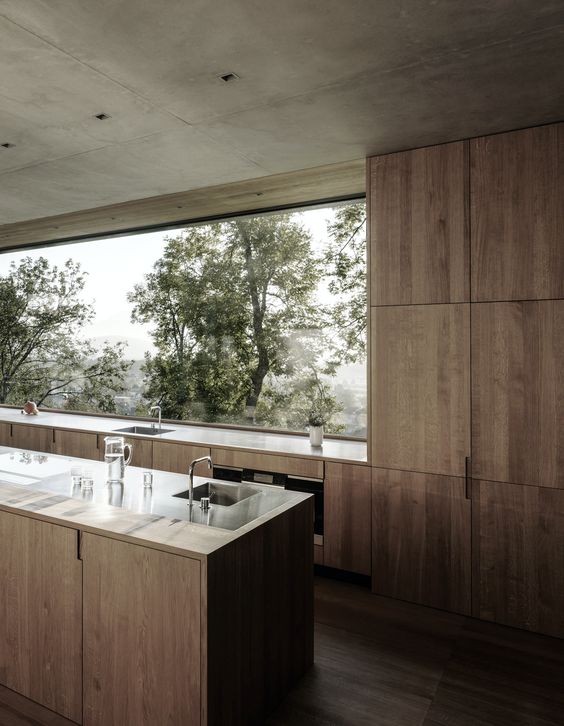 a cozy minimalist kitchen with stained sleek cabinets, stone countertops and a glazed wall to enjoy forest views