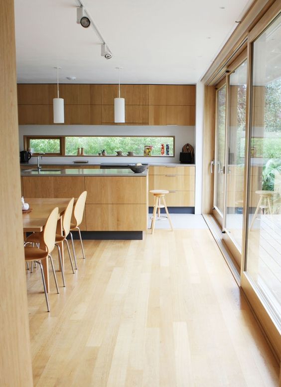 a modern light-stained kitchen with a window backsplash, a glass wall of sliding doors is a lovely idea to connect to outside