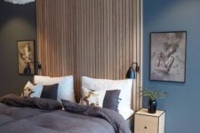 a sleek wooden slab accent wall that acts as a headboard is a stylish idea that complements a contemporary bedroom