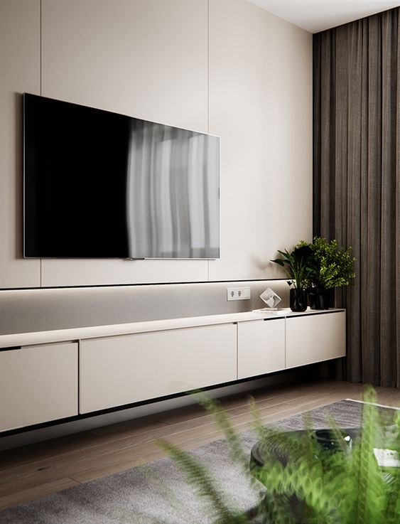 a white and metallic sleek wall storage unit and additional lights is a cool idea for many spaces, from minimal to modern ones