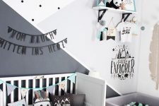 a Nordic kids’ room with a white bed, a box with balls, a shelf with holders, color block and polka dot walls