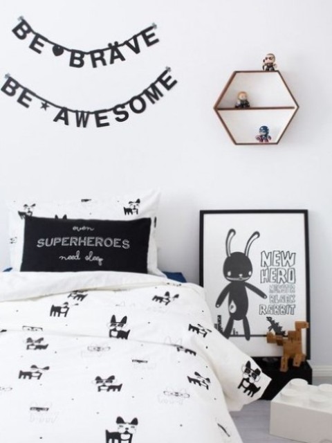a cool and fun Nordic kid bedroom with a bed, oversized Legos, a wall shelf, some pretty artworks and toys