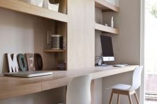 a minimalist shared home office with built-in shelves and desks, white chairs and a window for more natural light and a view