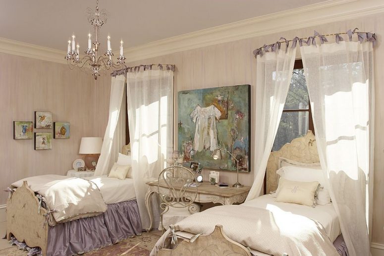 a refined shabby chic shared kids' bedroom with wallpaper walls, a lavender ceiling, elegant vintage furniture, canopies and a pretty chandelier