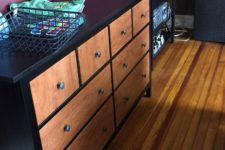 Sanding and staining doors is a hack that completely changes the dresser’s look.