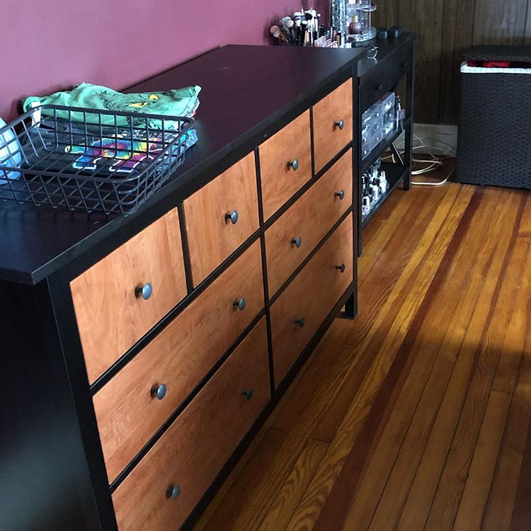 Sanding and staining doors is a hack that completely changes the dresser's look. (via @winging_this)