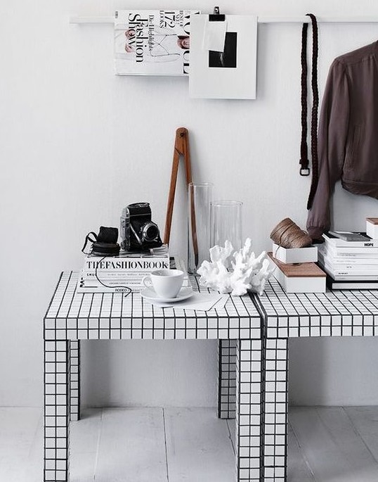 Lack tables hacked with checked black and white contact paper fit any Scandinavian space