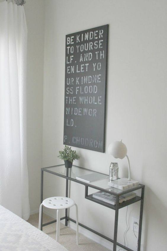 a black Vittsjo desk, a white IKEA stool and a black and white artwork - this space can be a working space, a makeup space and anything else you need