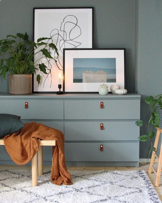 a blue Malm dresser hack with leather pulls is a gorgeous idea for a boho space