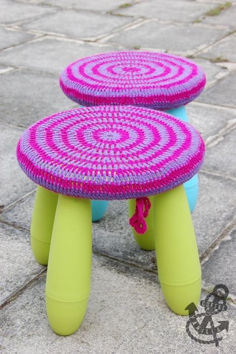 a bright neon IKEA Mammut stool with a colorful crochet coverup looks fun and bold