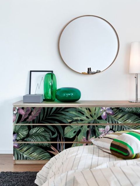 an IKEA Malm dresser hack with moody tropical decals is a cool way to add a touch of trendy tropical decor