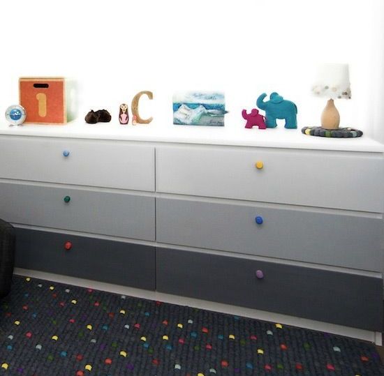 an ombre IKEA Malm dresser hack from dove grey to asphalt grey and colorful knobs is great for a kid's room