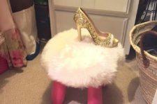 use a pink IKEA Mammut stool with a fur coverup to make your closet more glam and cute