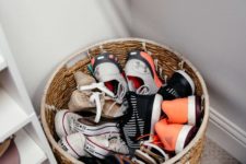 a basket for storing shoes is a simpel way to roganize – you can place it anywhere you want