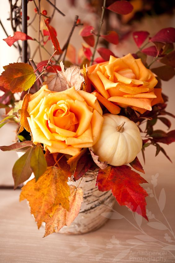 a bright rustic fall centerpiece of orange roses, fall leaves, a white pumpkin and a vase wrapped white bark