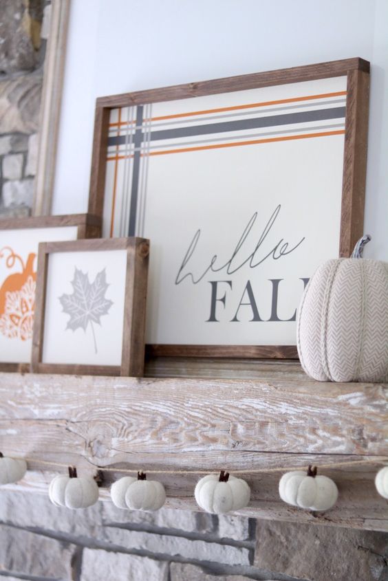 a contemporary fall sign with plaid and a duo of signs with a leaf and a pumpkin